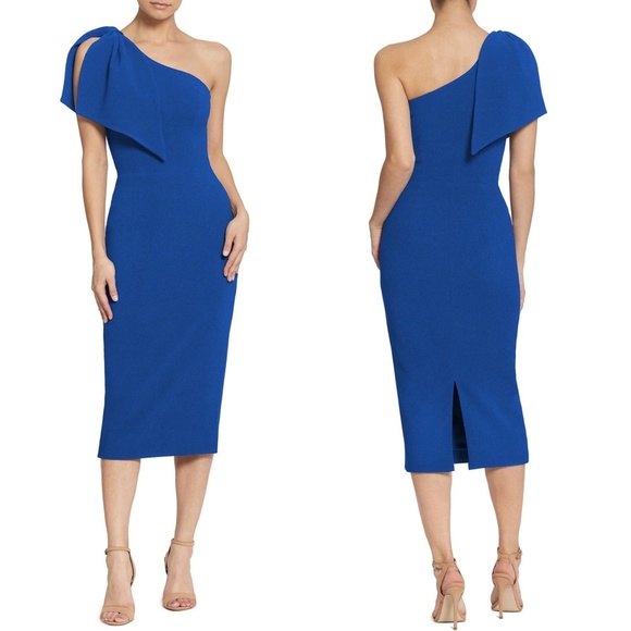 Dress the Population Dresses & Skirts - NEW Dress the Population Tiffany One Shoulder Bow Midi Dress in Electric Blue L